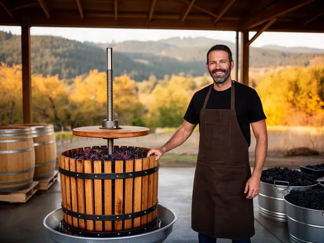 A smiling winemaker beside a new oak basket wine press full of grape skins under an open shed, autumn hills beyond.