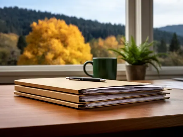 A neat stack of closed manila folders and a pen on a desk by a window.