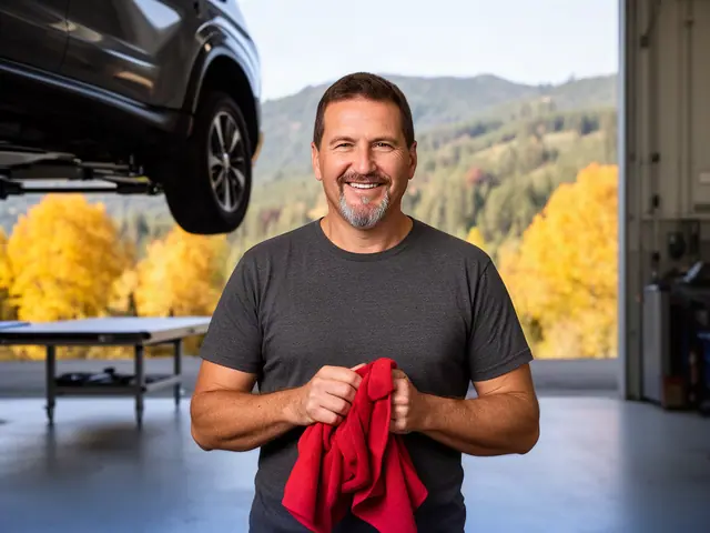 An auto-repair shop owner in a service bay under a lifted car.