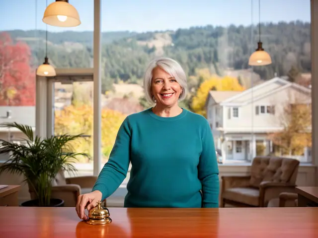 An innkeeper behind the front desk of a small lobby.