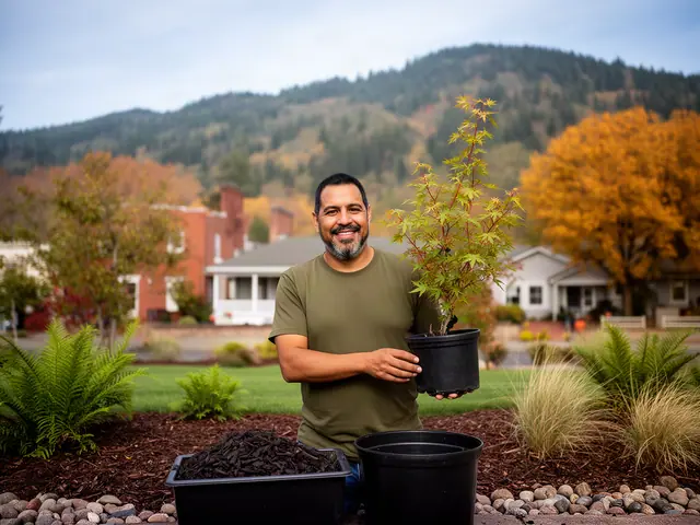 A landscaper holding a potted plant in a new front-yard bed.