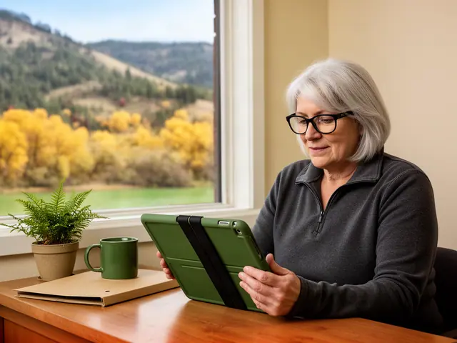 A woman with short silver hair and black-framed glasses reviewing a tablet at a desk in a small back office.