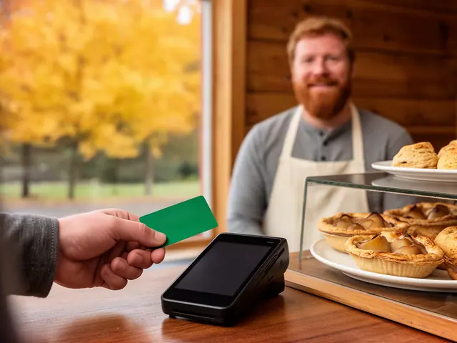 A customer taps a card on a counter terminal at a small pie and bakery café.