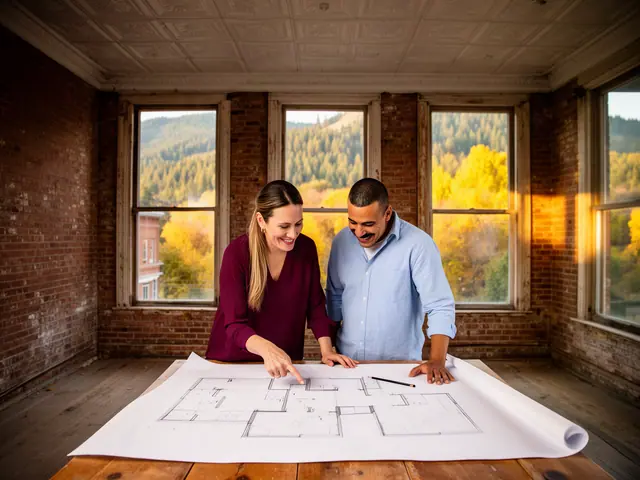 Two business partners looking over a pencil floor sketch in an empty storefront.
